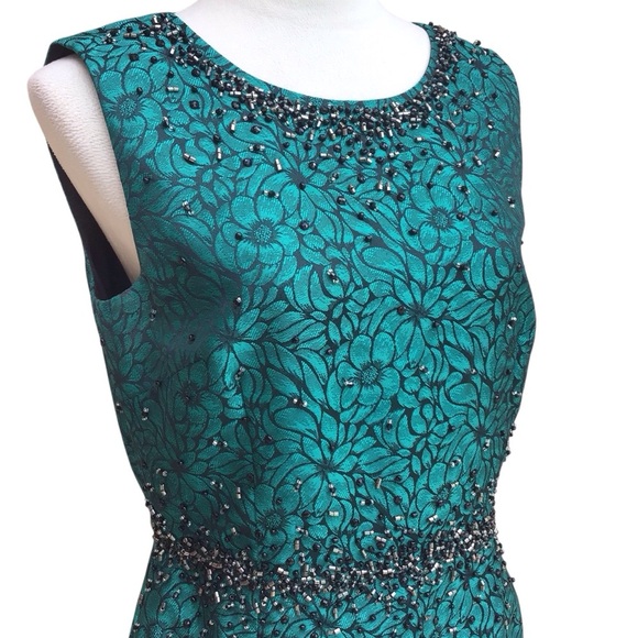 Katherine Kelly Green Black Floral Beaded Nanette Sheath Dress Size 8 - Picture 6 of 11